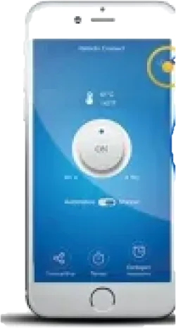 Celular com o aplicativo Heliodin Connect aberto, botão de liga e desliga do aquecedor