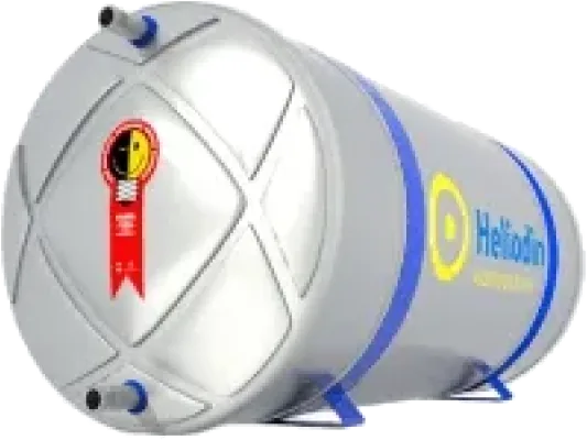 Reservatório térmico Heliodin em aço inox, cilíndrico, sobre suportes